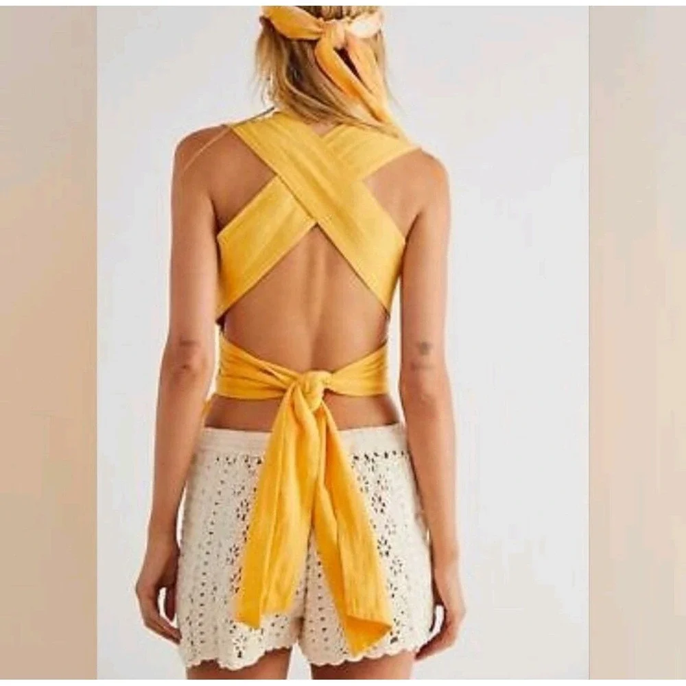 Free People Smocked Open Back Criss Cross Boho Tank Top‎